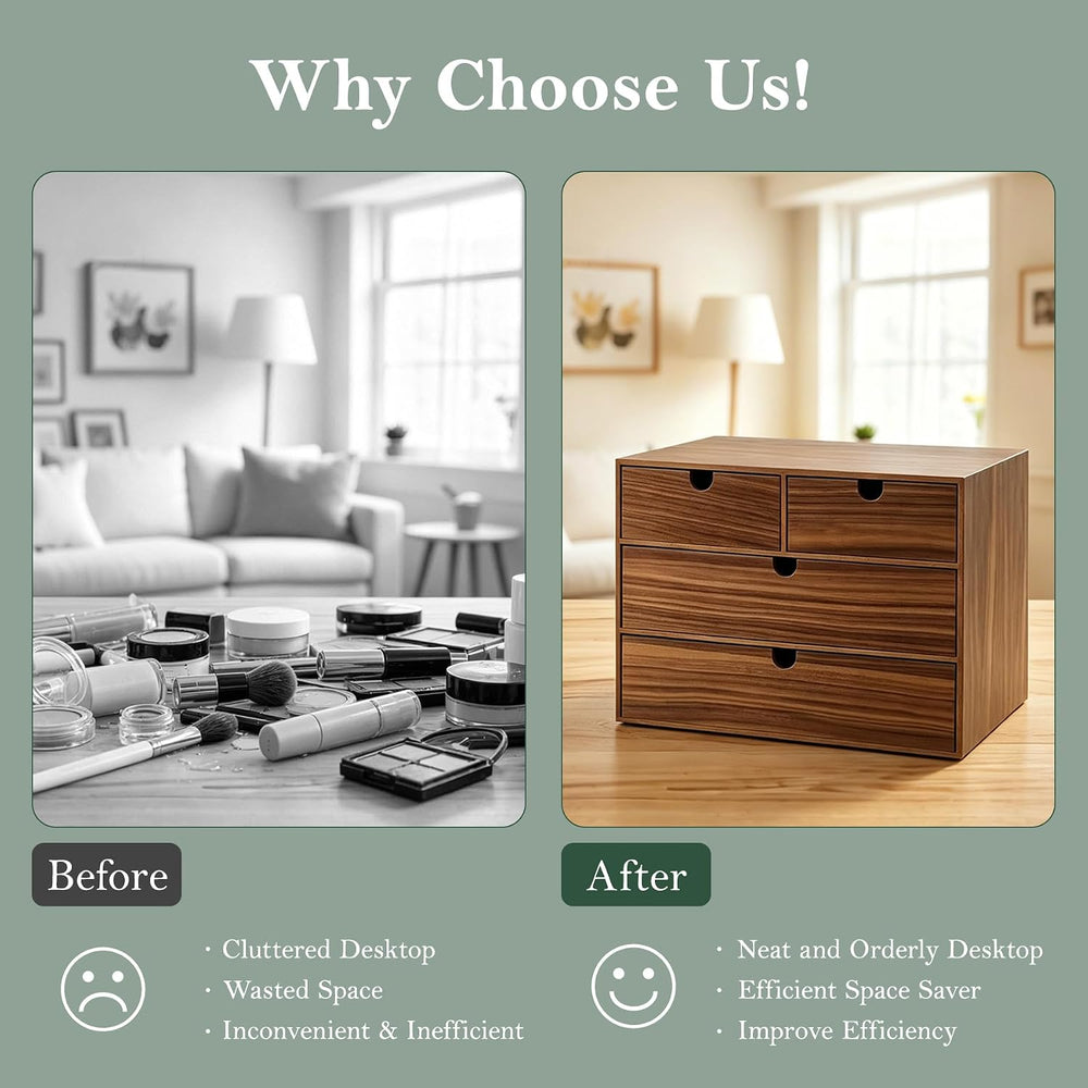 3-Tier Wooden Desk Organizer with 4 Drawers, Walnut Finish