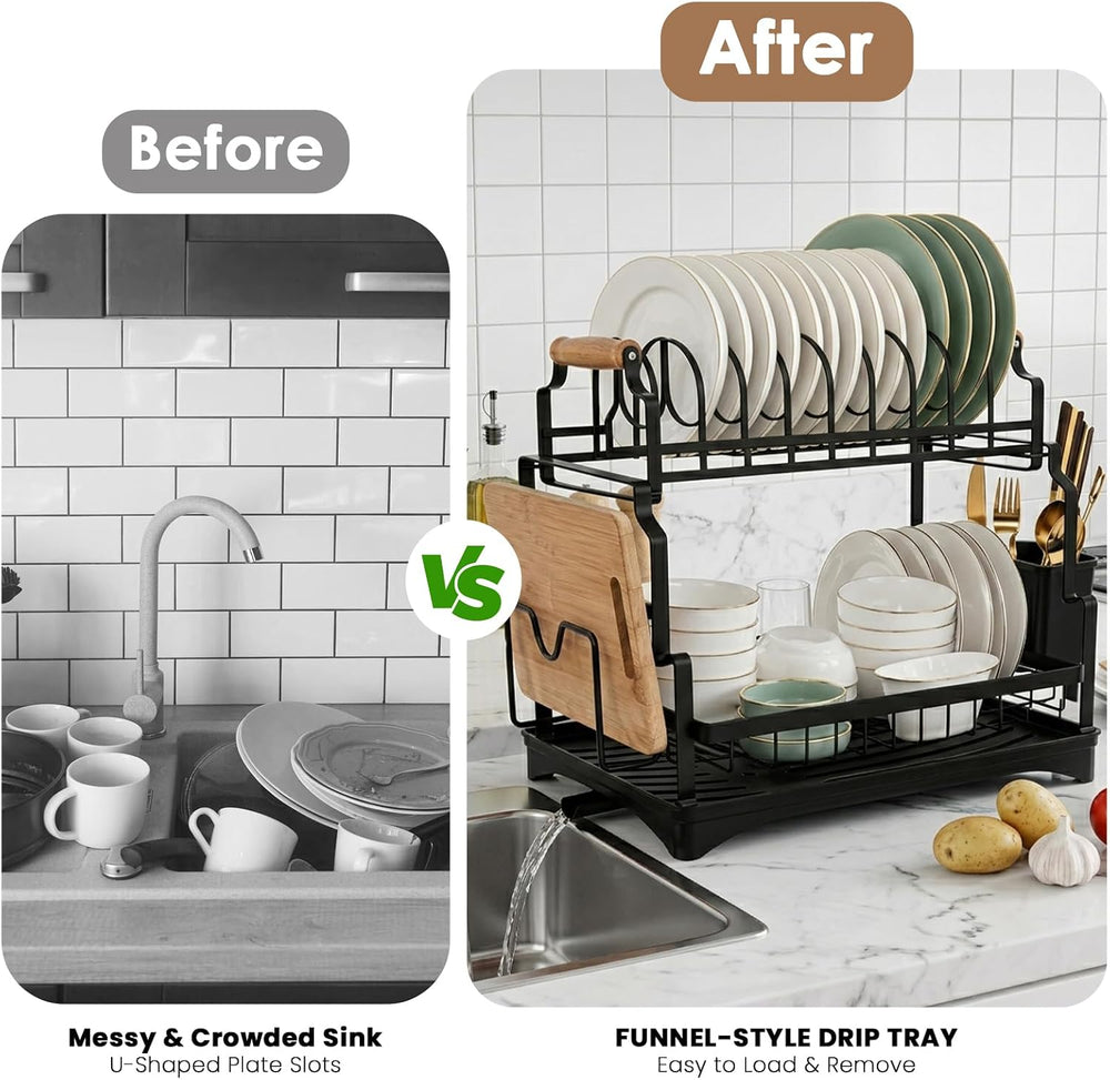 Briful 2 Tier Dish Drying Rack with Drainboard for Kitchen Counter, Black
