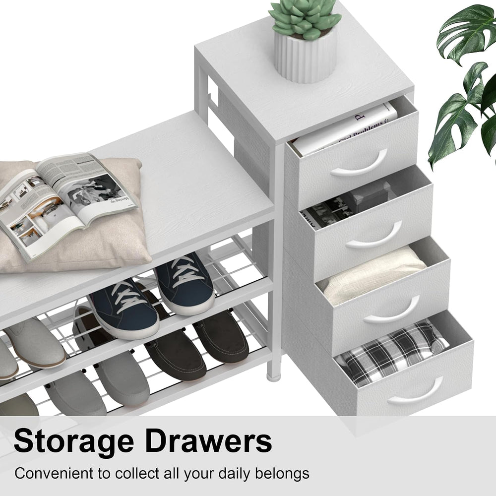 EXOTICA Industrial Shoe Storage Bench with 4 Drawers & Seat, White