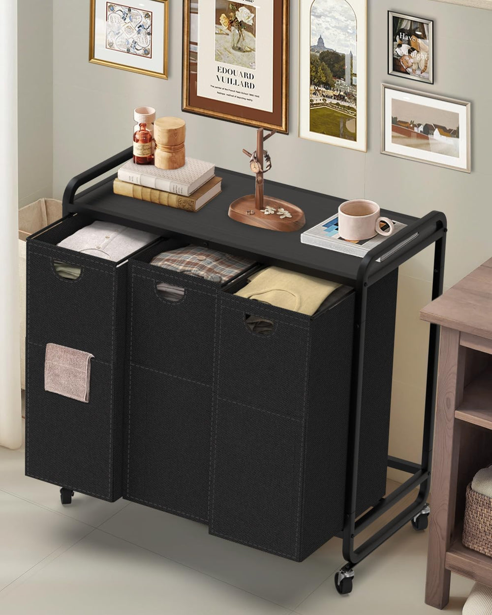Laundry Sorter 3 Section,Laundry Basket with Wheels,3×15.8 Gal (60L) Black