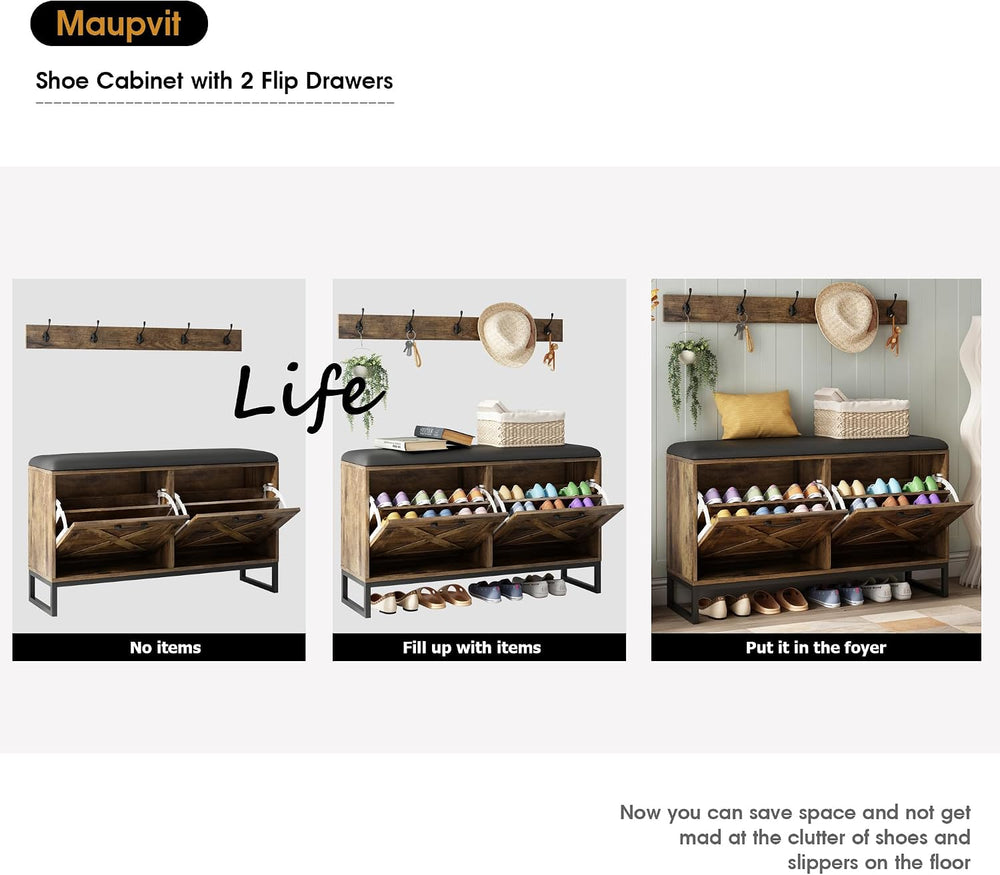 Maupvit Shoe Cabinet with 2 Flip Drawers & Coat Rack, Shoe Storage Bench ...