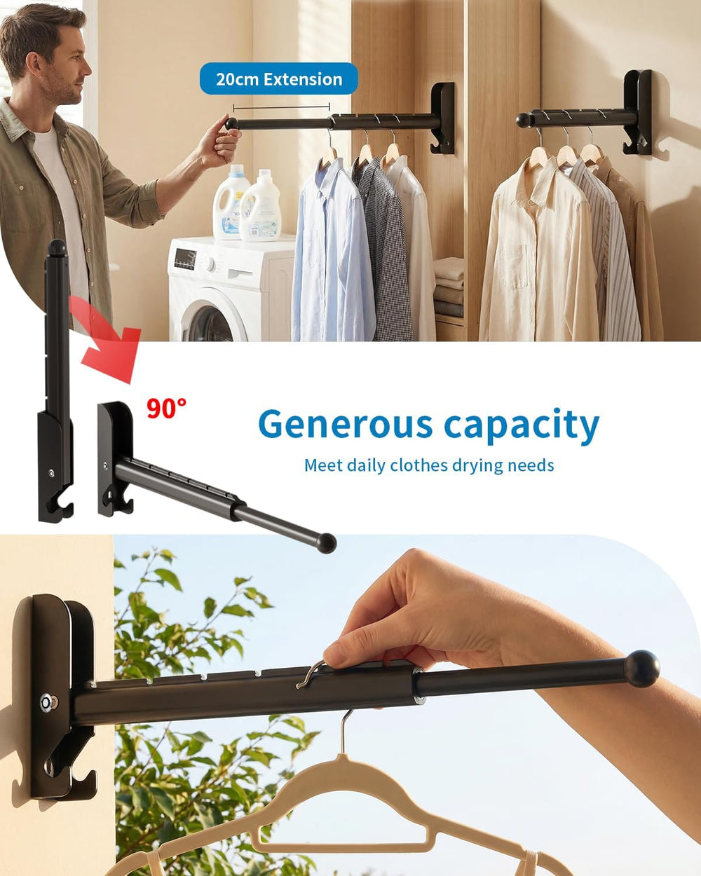 Pull Out Wall Mounted Clothes Drying Rack Black 13" Foldable