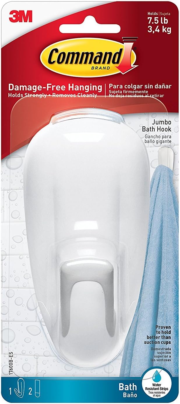 Command Bathroom Hook with Water-Resistant Strips, 1-Hook, 2-Strip, 4 PACK