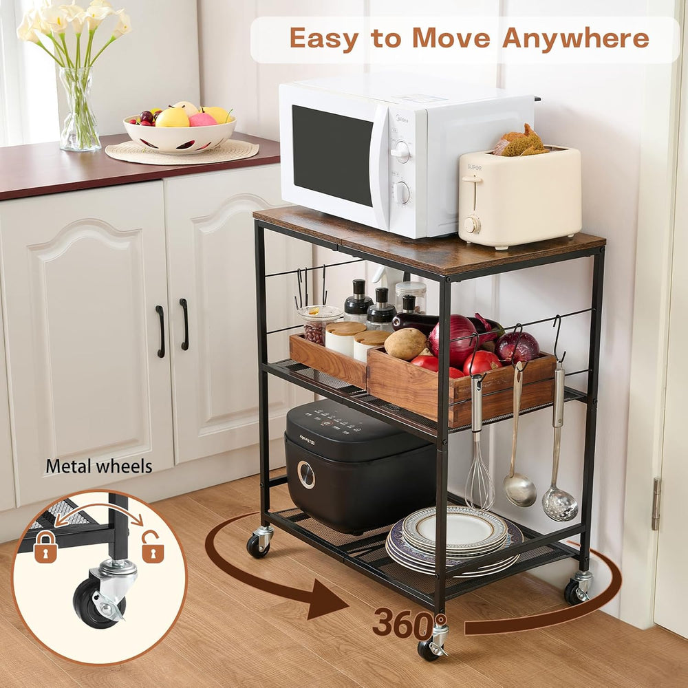 3 Tier Rolling Microwave Cart with Storage, Kitchen Organizer on Wheels