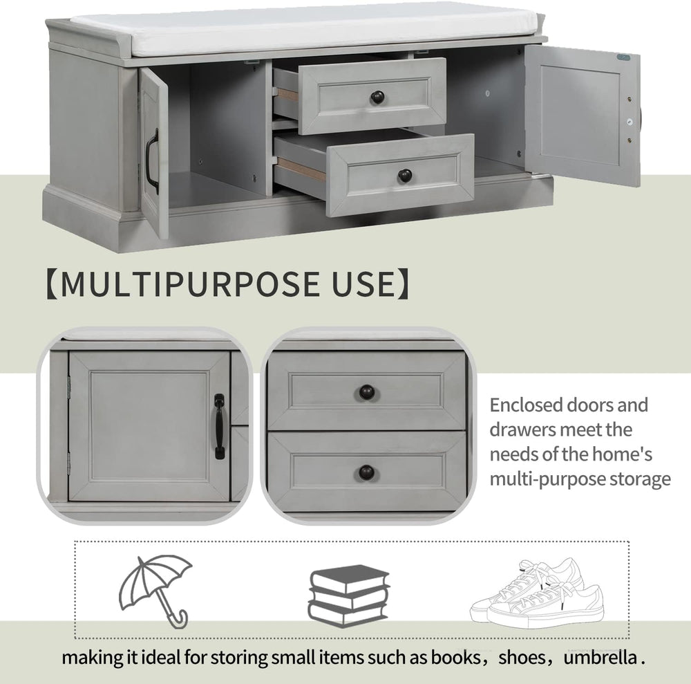 Knocbel 42.5" Storage Bench with Removable Cushion, 2 Drawers and 2 Cabi...