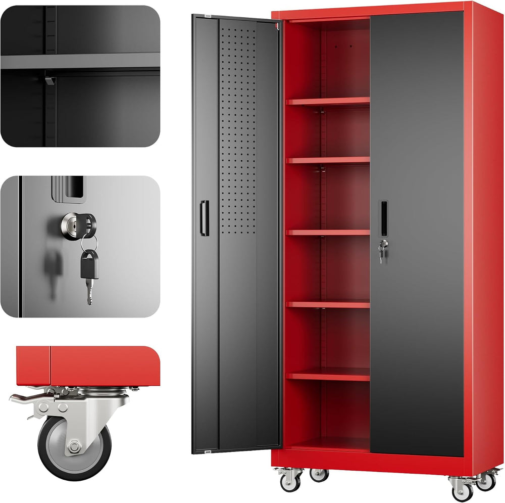71"H Metal Garage Storage Cabinet,Tool Cabinet with Wheels,Pegboard