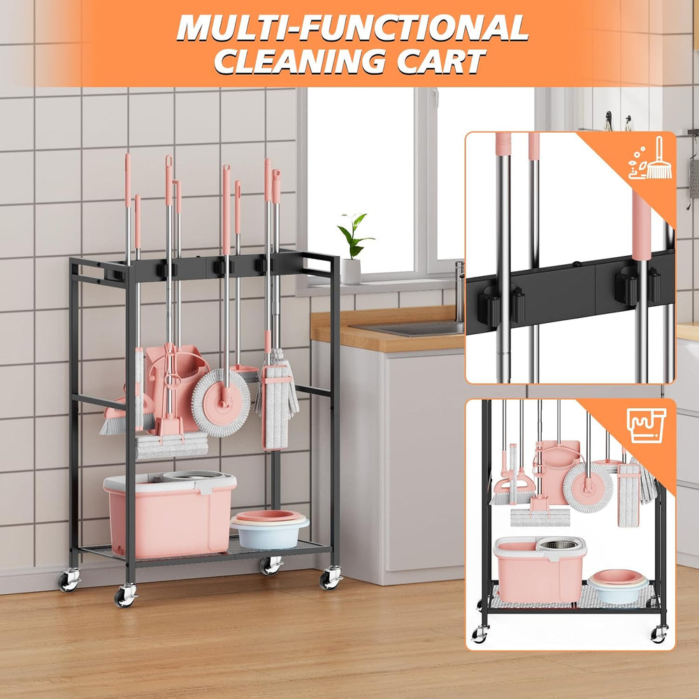 Broom and Mop Holder, MUNNAR Broom Closet Storage Cabinet, Cleaning Cart with...