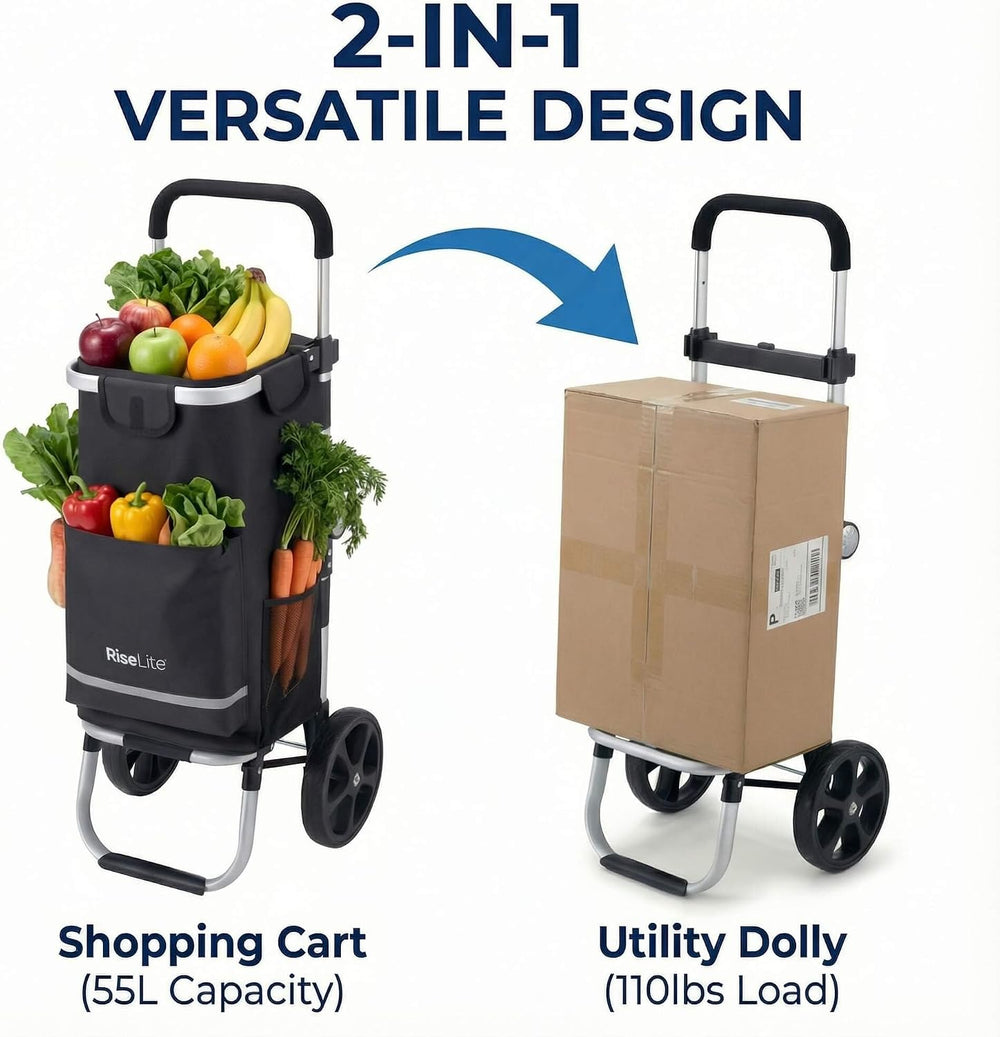 Lightweight Foldable Shopping Cart, 55L Grocery Cart with Cooler Pocket