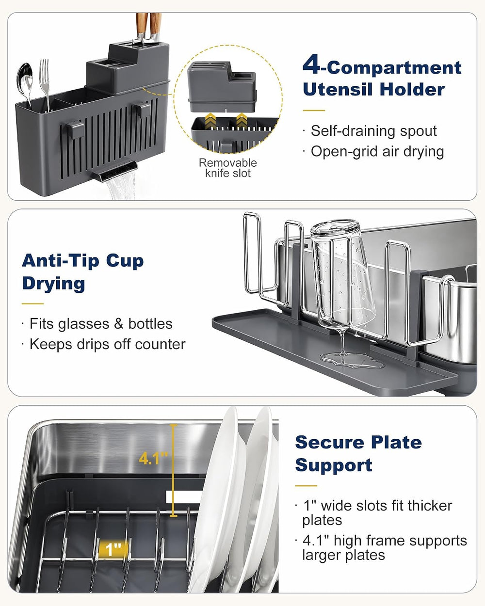 SNTD 304 Stainless Steel Dish Drying Rack for Small Kitchen Counter, Grey