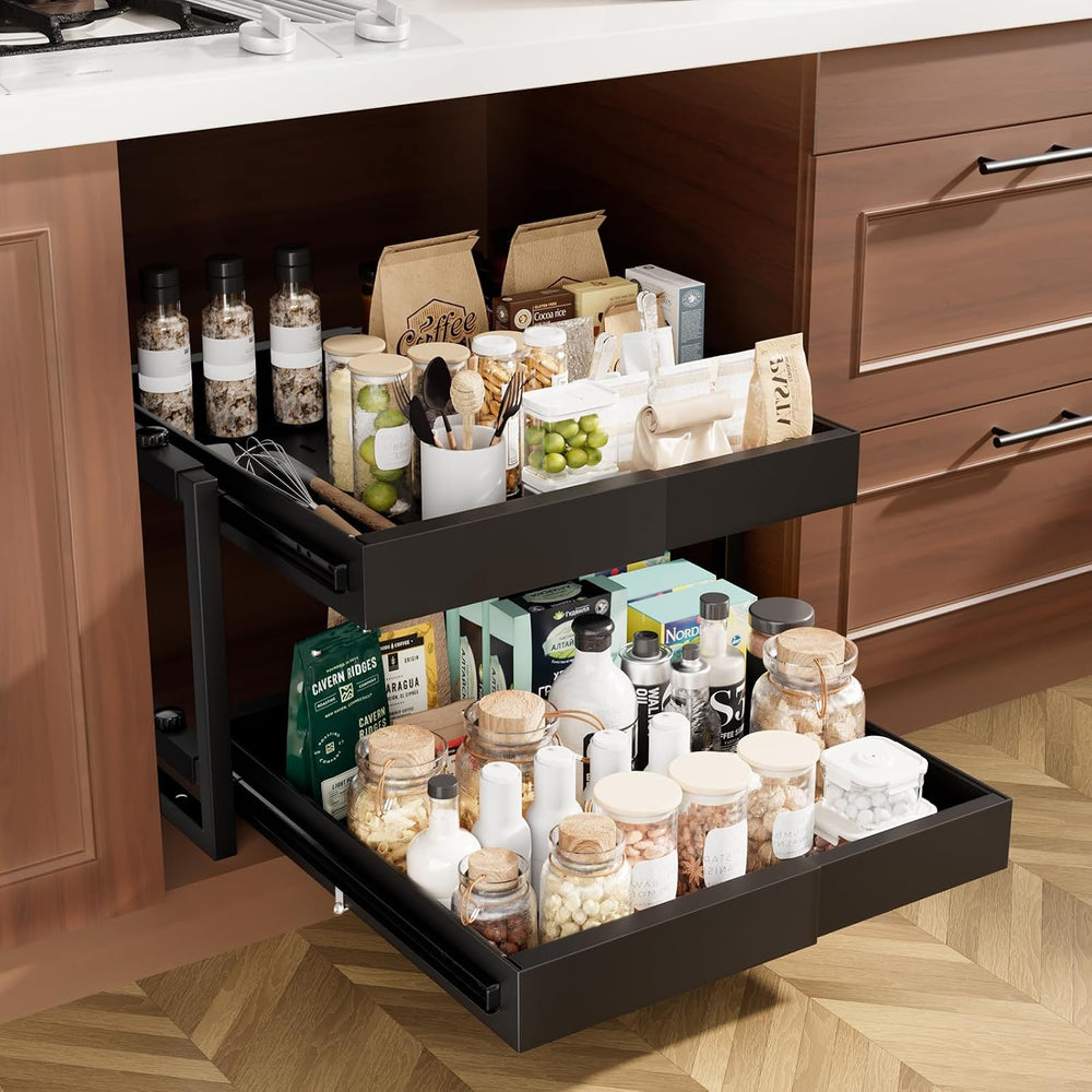 2-Tier Expandable Pullout Cabinet Organizer,Adjustable Width Metal Shelves