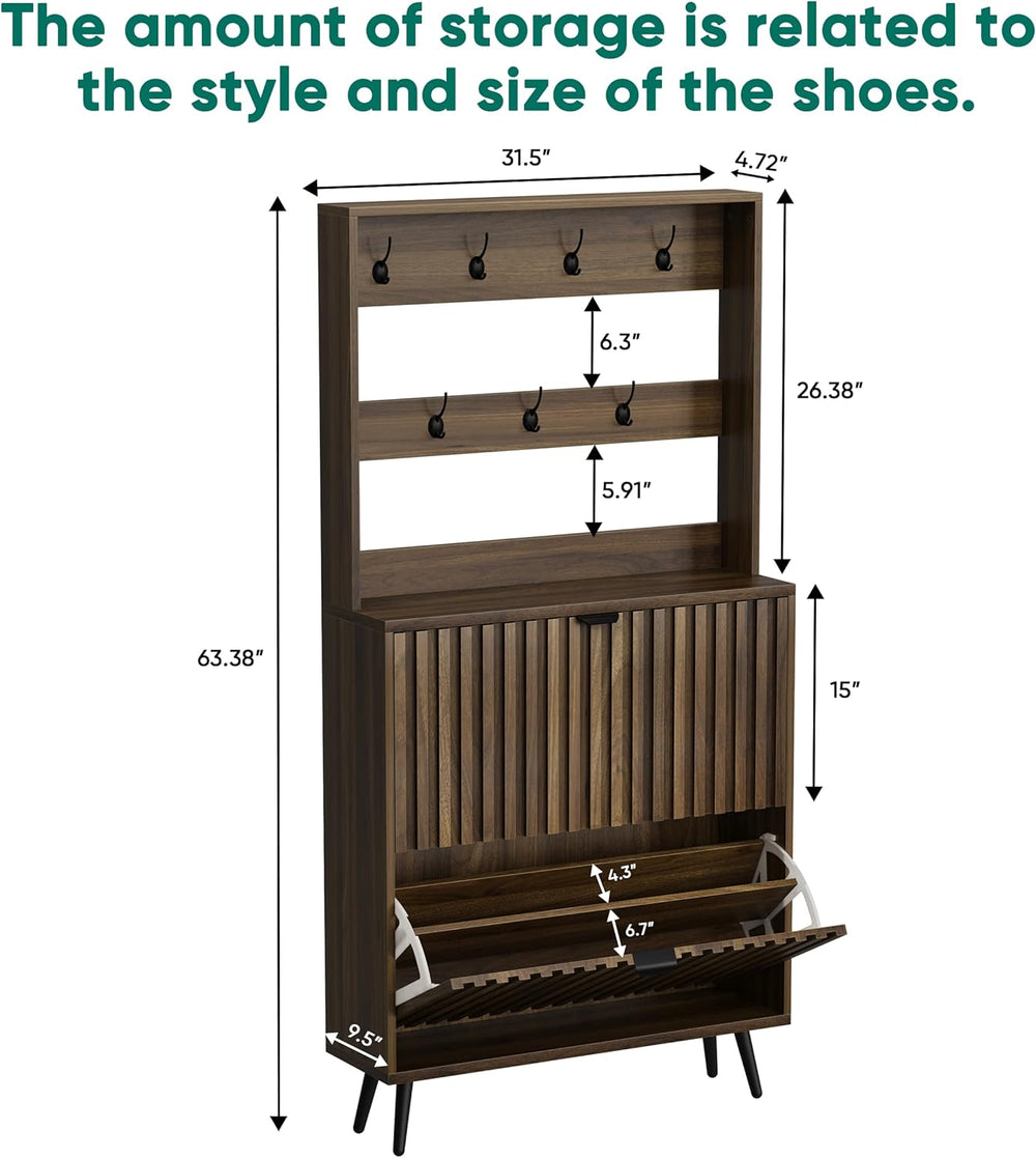 Smuxee Shoe Cabinet with 2 Flip Drawers & Coat Rack Hooks, 31.5" Wal...