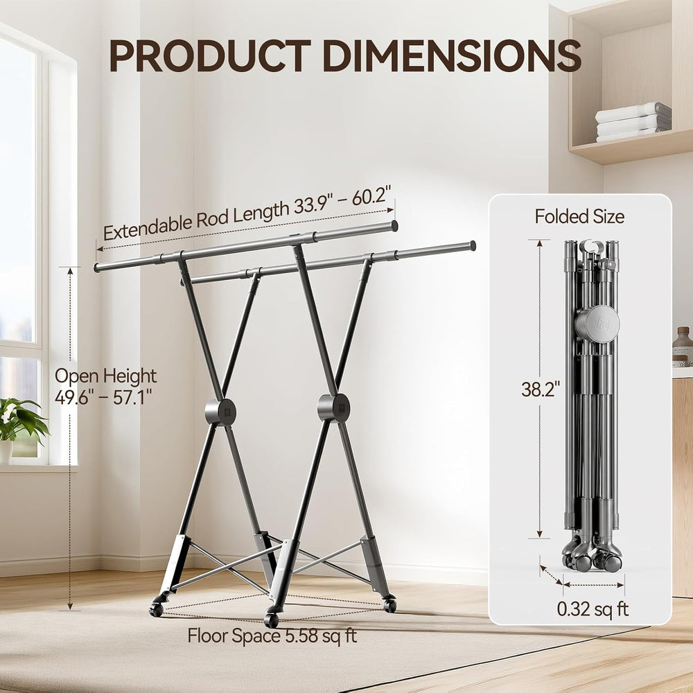 SUJI Clothes Drying Rack, Dual Rod with Wheels, Grey Foldable