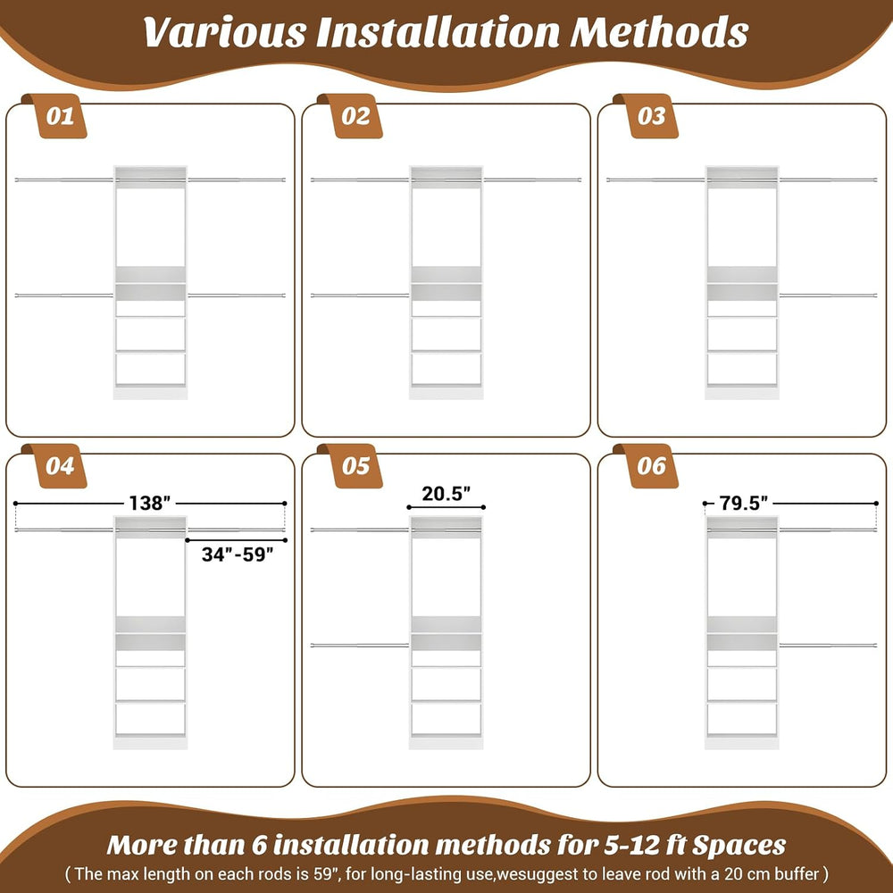 iSunirm 12FT Large Open Closet System, 138'' Wall-Mounted Closet Shel...