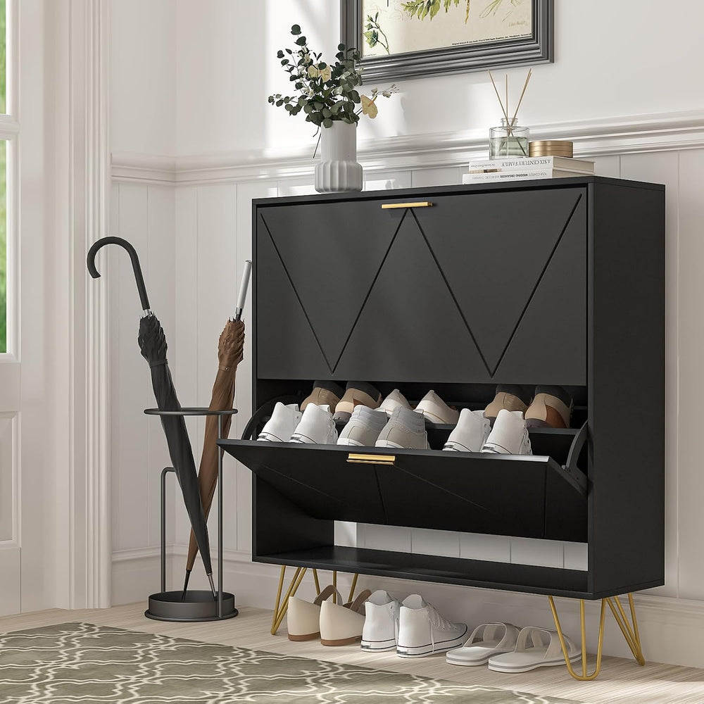 LYNSOM Entryway Shoe Cabinet with 2 Flip Drawers and Fluted Panel, Blcak丨Slim...