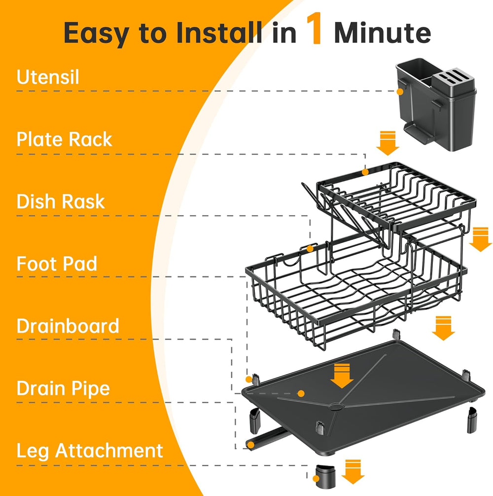 2 Tier Large Detachable Dish Drying Rack for Kitchen Counter,Black