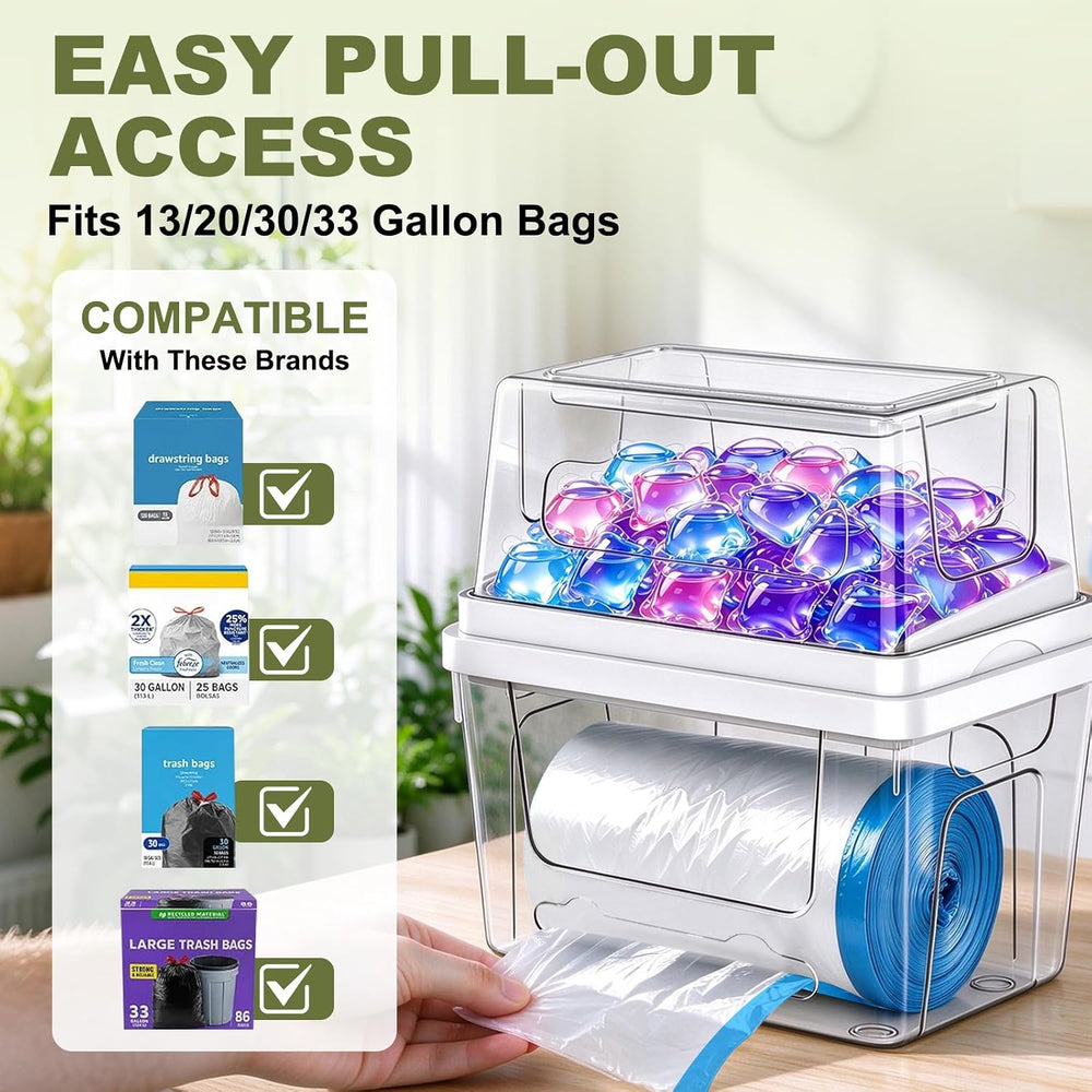 Trash Bag Dispenser with Laundry Pod Storage, Clear Under Sink Organizer