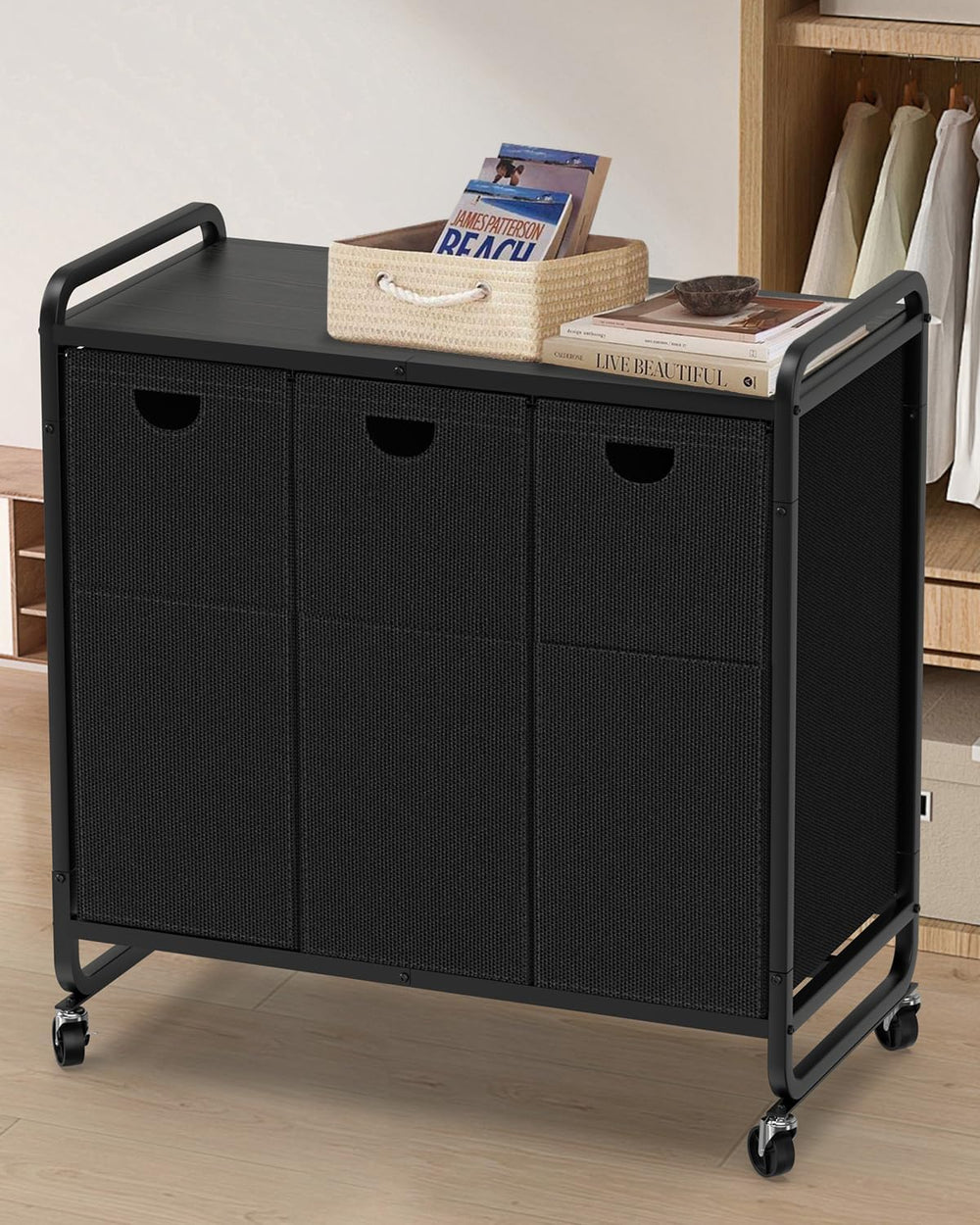 Laundry Sorter 3 Section,Laundry Basket with Wheels,3×15.8 Gal (60L) Black