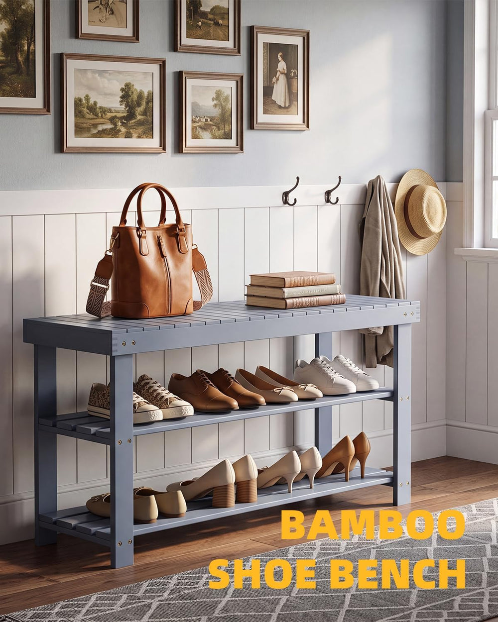 SMIBUY Bamboo Shoe Rack Bench, 3-Tier Shoe Organizer Storage Shelf for Entryw...