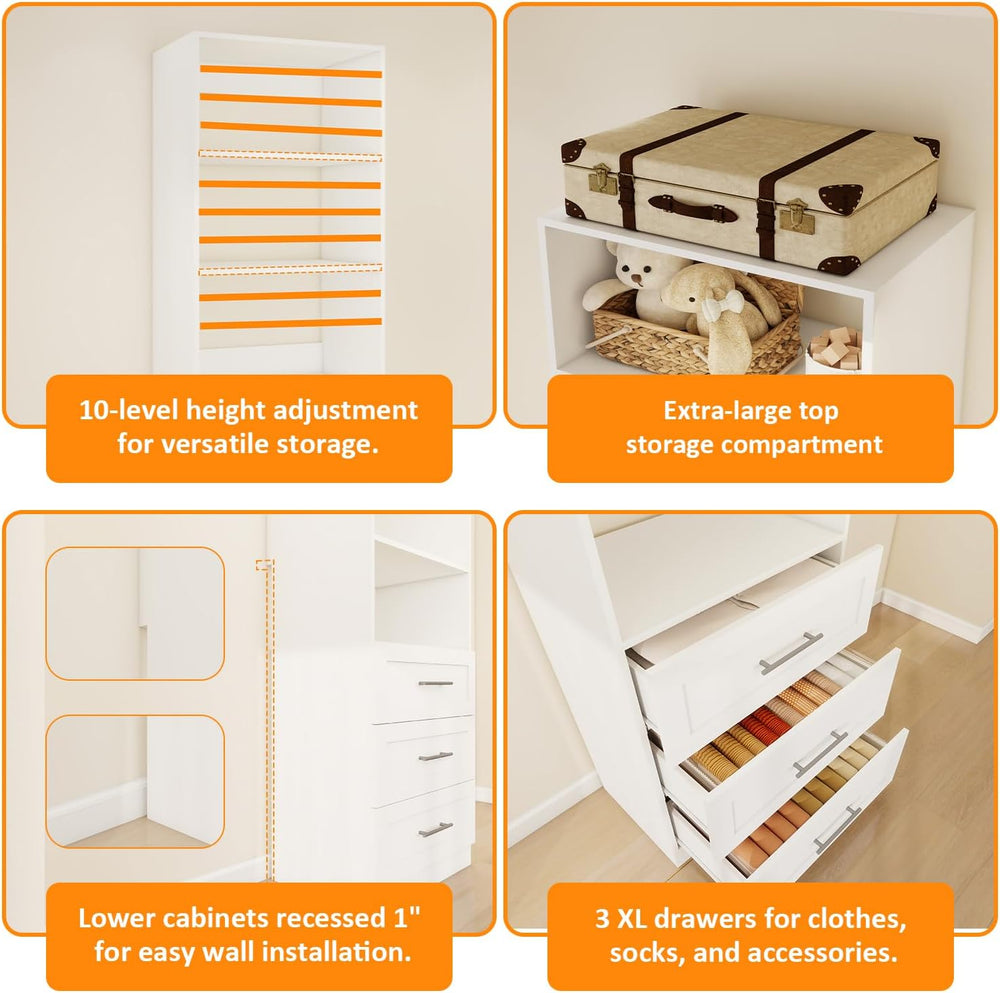 Closet System with 3 Drawers & 4 Shelves, Wood Closet Organizer System wi...