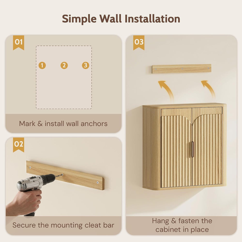 Fluted Bathroom Wall Cabinet with 2 Doors, 3-Tier Wood Wall Mounted Medicine ...