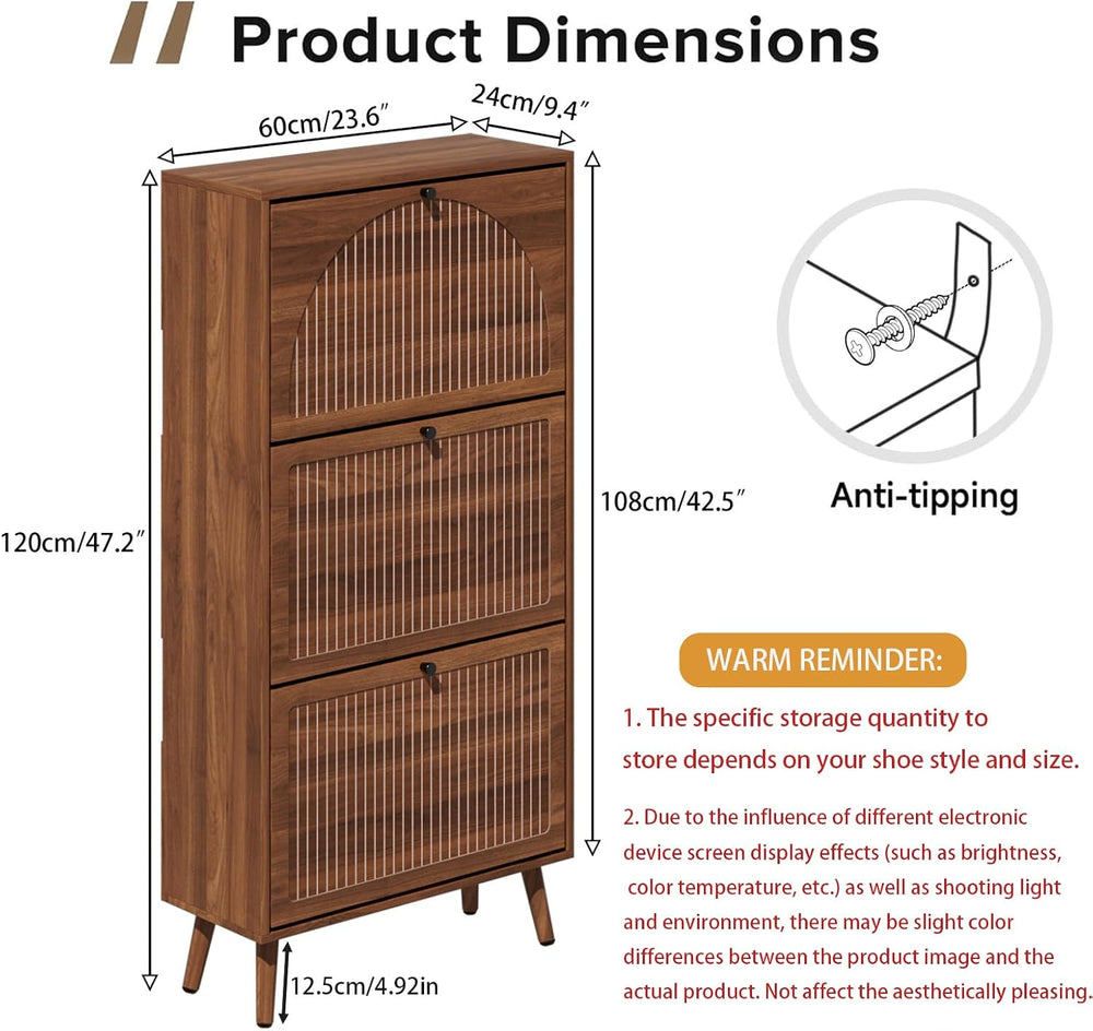 Fsbecl Shoe Storage Cabinet for Entryway with 3 Fluted Flip Drawers, Walnut