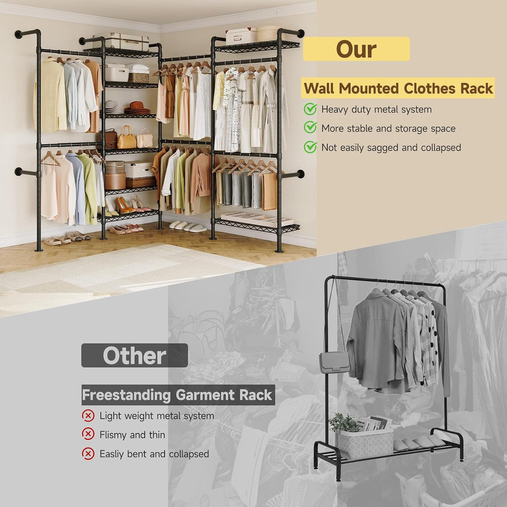 ONBRILL L4 Wall Mounted Heavy Duty Corner Industrial Pipe Clothing Rack
