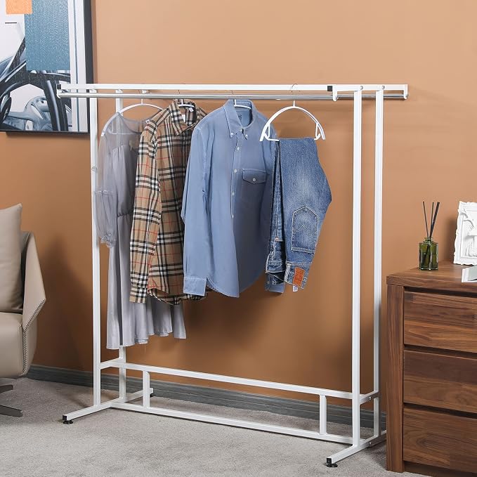 MyGift White Stainless Steel Freestanding Garment Rack, Heavy Duty Double Rod
