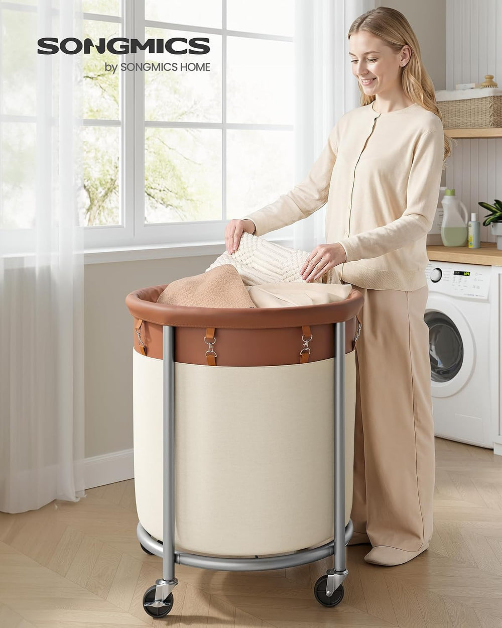 SONGMICS Laundry Basket with Wheels,190 L, Steel Frame, Removable Bag
