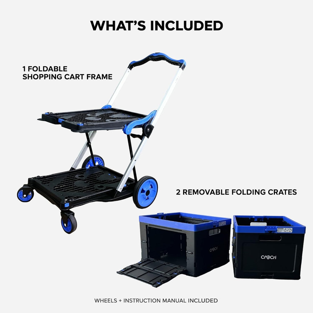 Collapsible Shopping Cart with Wheels, Foldable Shopping Cart with 2 Removabl...