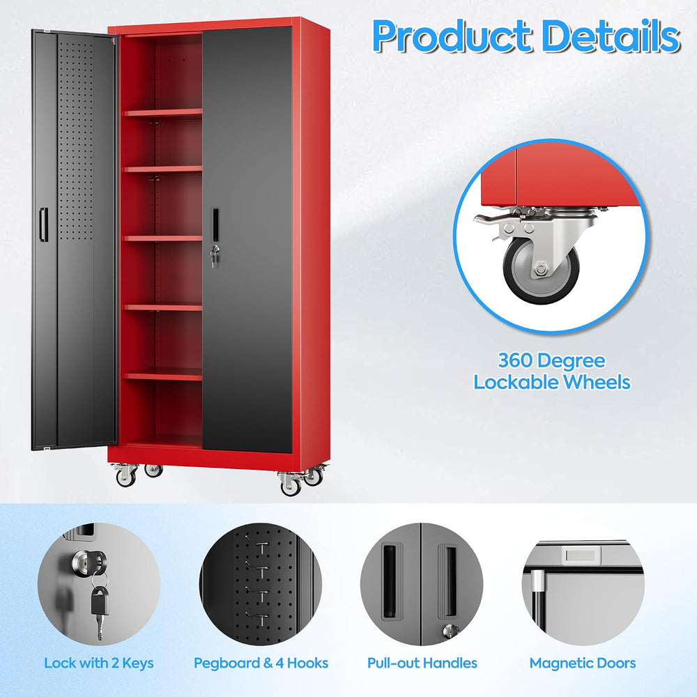 71"H Metal Garage Storage Cabinet,Tool Cabinet with Wheels,Pegboard
