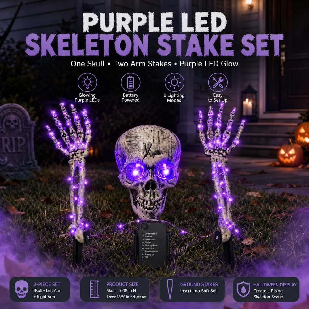 Halloween Decoration Outdoor, 3-Piece Purple LED Skeleton Stake Set