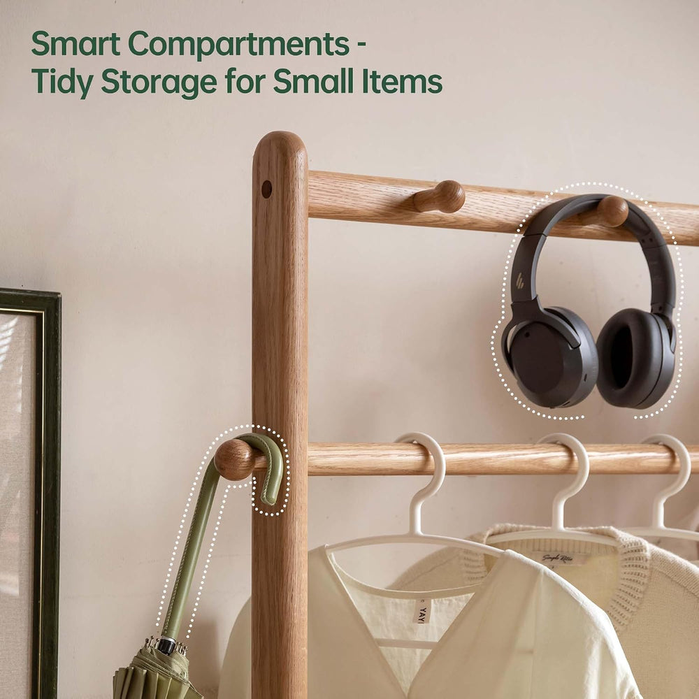 Solid Wood Clothes Rack, Rolling Garment Rack with Wheels & Shelves Stora...