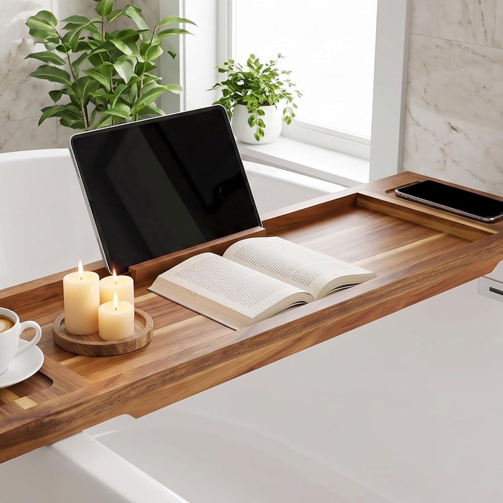 Acacia Wood Bathtub Tray, 35"x10" Large Bath Tray for Free-standing...