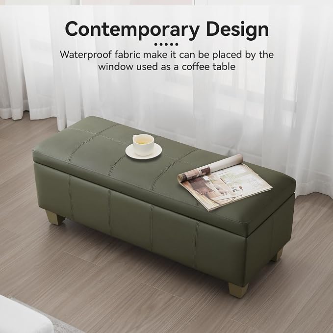 41" Faux Leather Storage Ottoman, Stitch Tufted Rectangle Upholstered En...