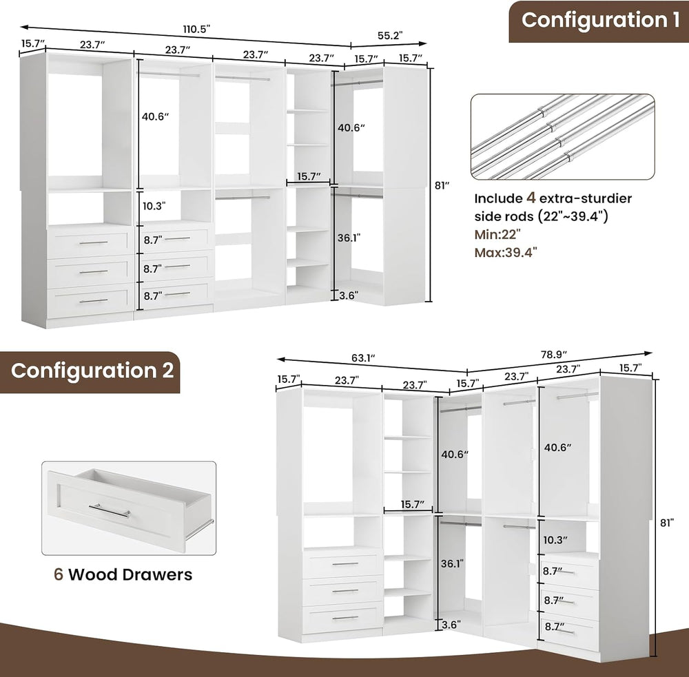 Closet System with 4 Sets, Corner Closet System with 6 Drawers,10 Rods & ...