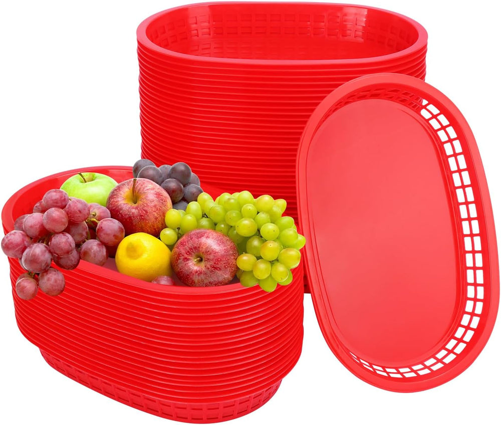 60 Pack Fast Food Baskets, 10.6 x6. 7 Inch Versatile Red Plastic Food Baskets...