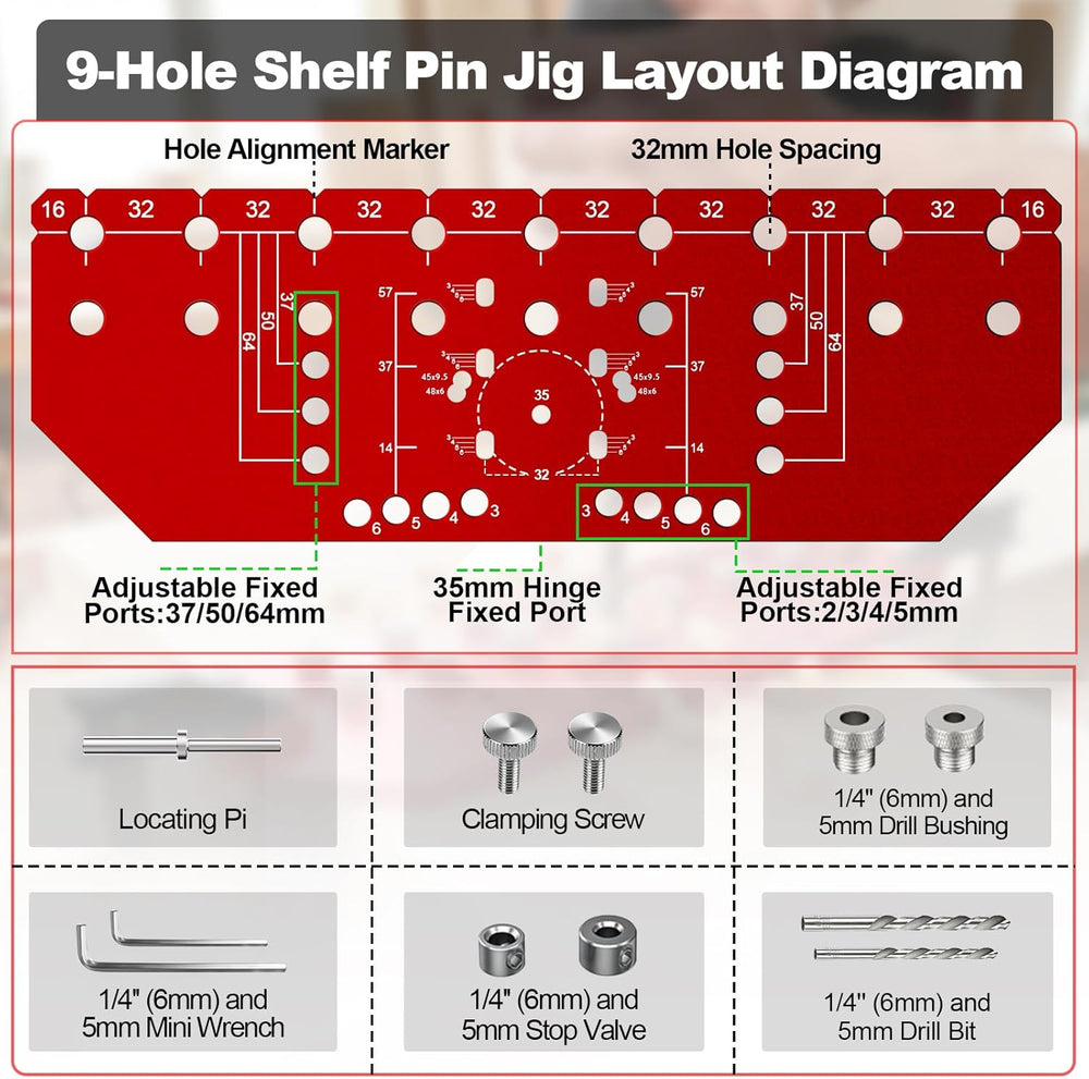 9 Holes Shelf Pin Jig and Hinge Jig 2-in-1, 1/4 Inch & 5mm
