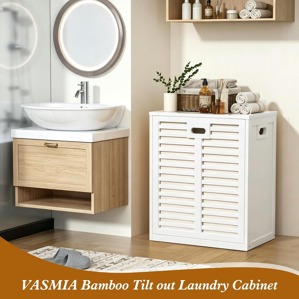 VASMIA Tilt Out Laundry Hamper, Bamboo Laundry Cabinet with Hidden Removable ...