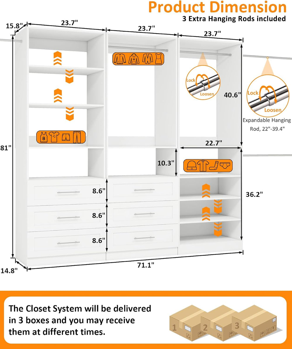 Closet System with 3 Sets, 6–15 FT Closet Organizer System with 6 Drawers, 9 ...