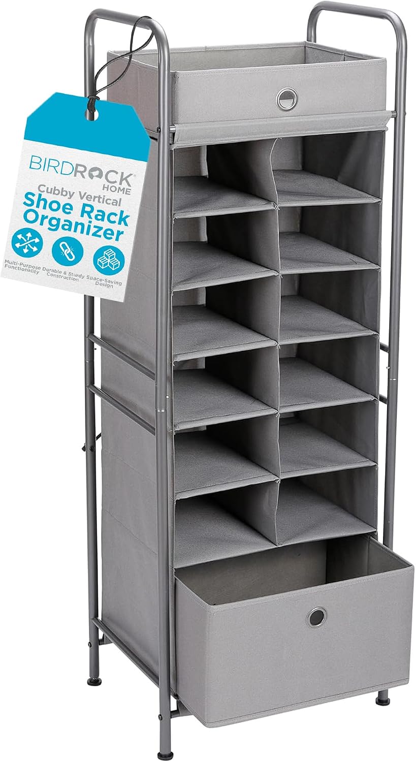 BIRDROCK HOME 12 Cubby Vertical Shoe Rack Organizer with Large Drawer - Grey ...