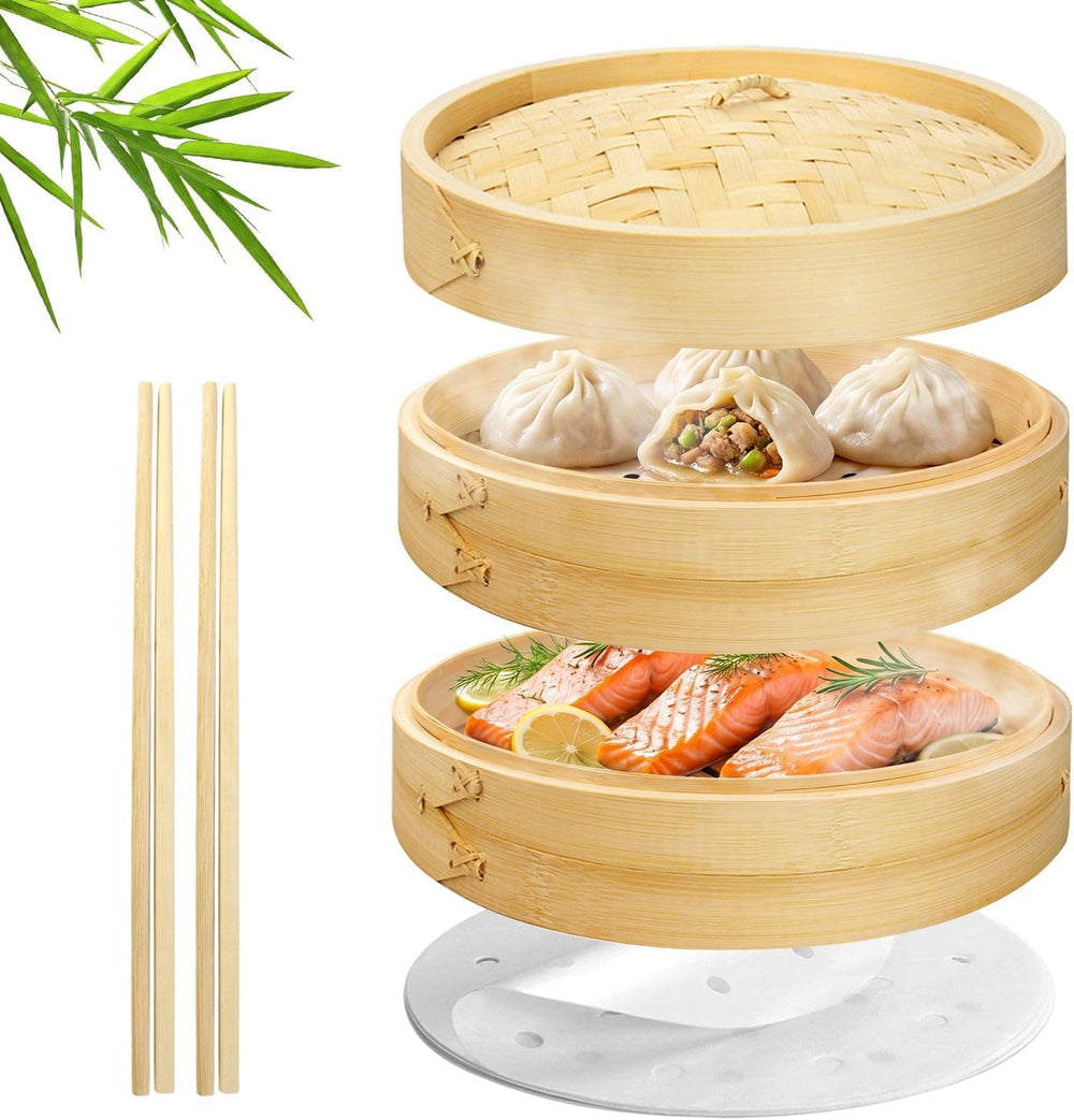 Flexzion Bamboo Steamer Basket Set (8 inch), 50 x Steamer Liners and 2 Pairs ...