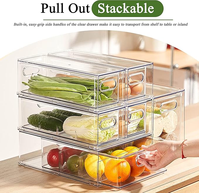 4 Pack Clear Storage Drawer Set, Stackable Fridge Drawer Organizer Fruit