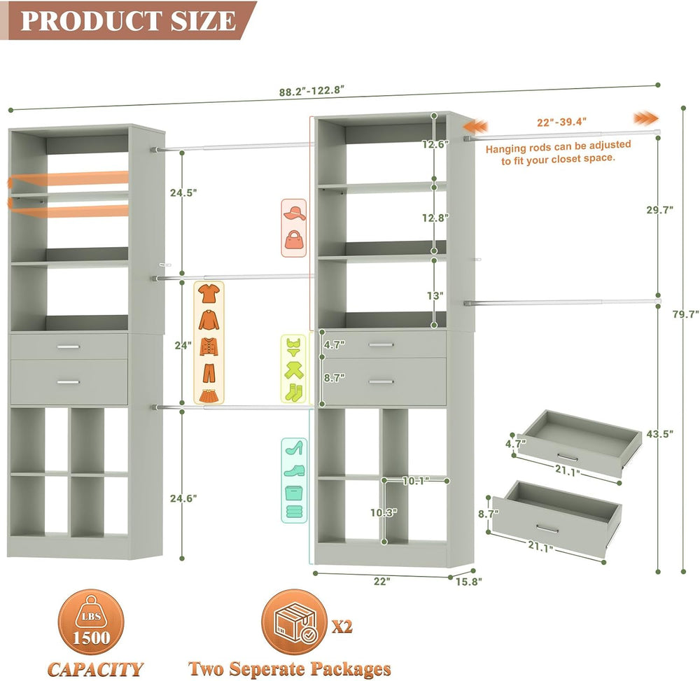 Besiost Closet System, 7.4ft-10ft with 4 Wooden Drawers and 5 Hanging Rods, C...