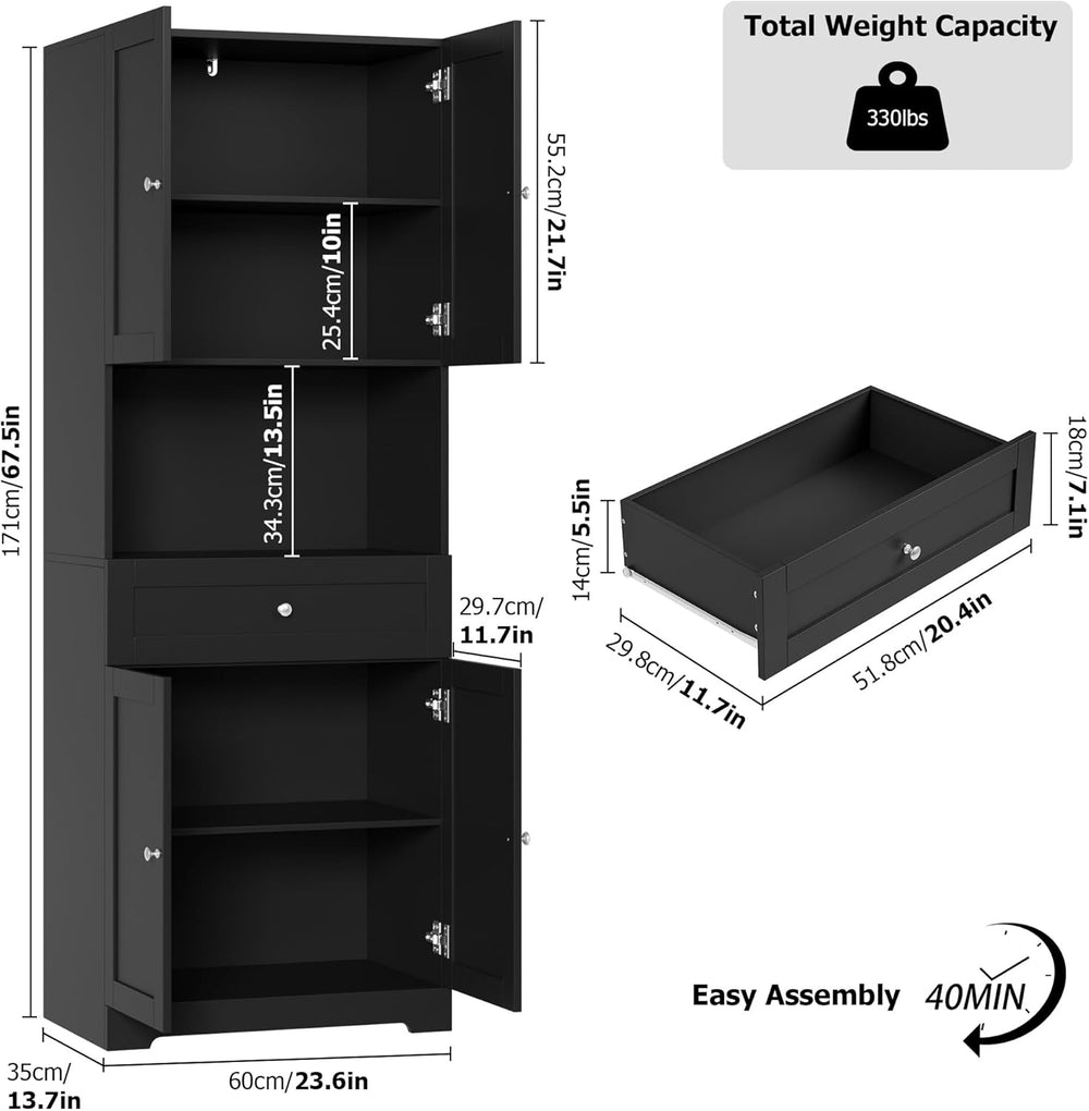 HIFIT Tall Bathroom Storage Cabinet with Drawer, Modern Linen Cabinet,Black