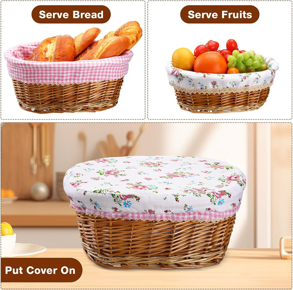 Qinyoung 2 Sets Wicker Bread Baskets with Liner and Tong, Fresh Style