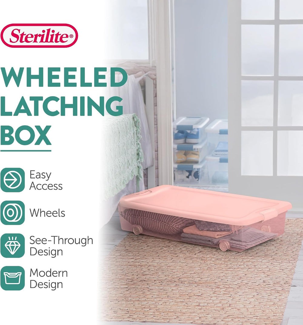 Sterilite 12 Pack Wheeled Under Bed Storage Container, 56 Qt Plastic Bin w/La...