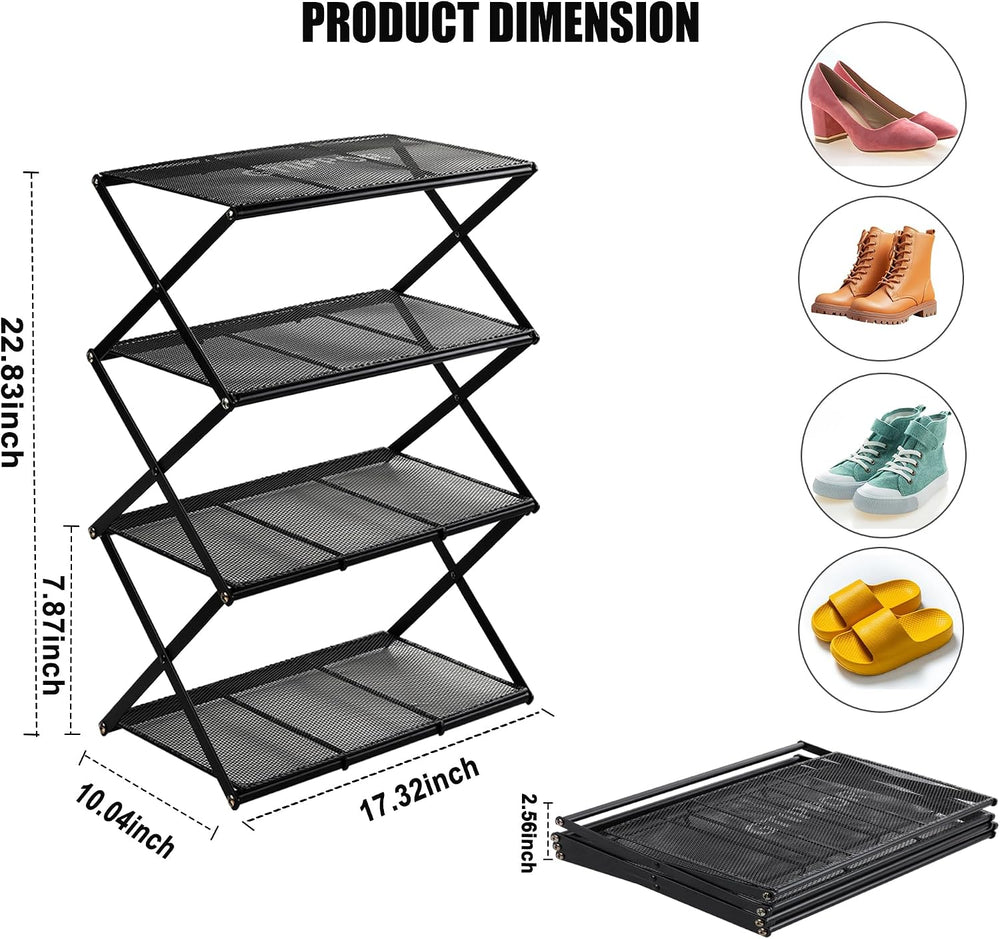 Small Shoe Rack for Entryway, 4-Tier Foldable Shoe Organizer, Metal Shoe Stor...