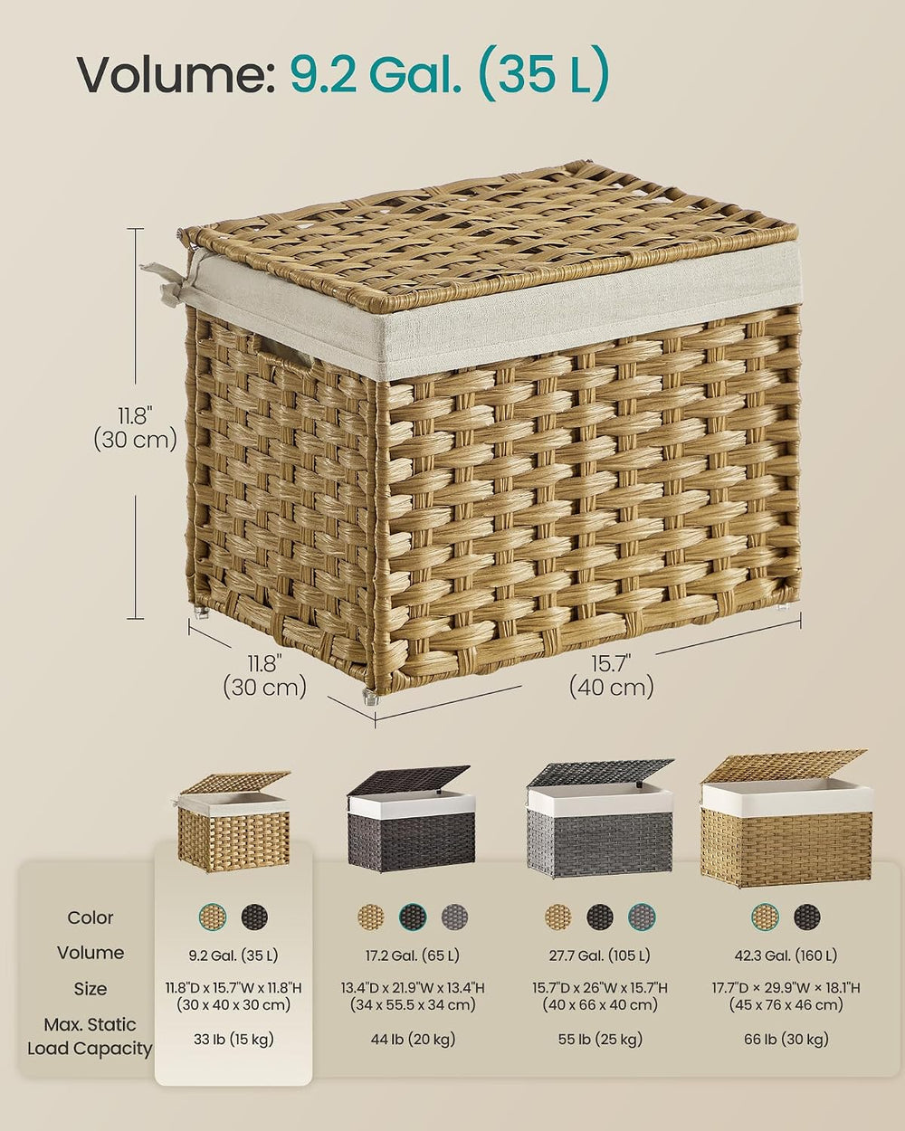 SONGMICS Woven Storage Basket with Lid, 9.2 Gallon (35L), Foldable