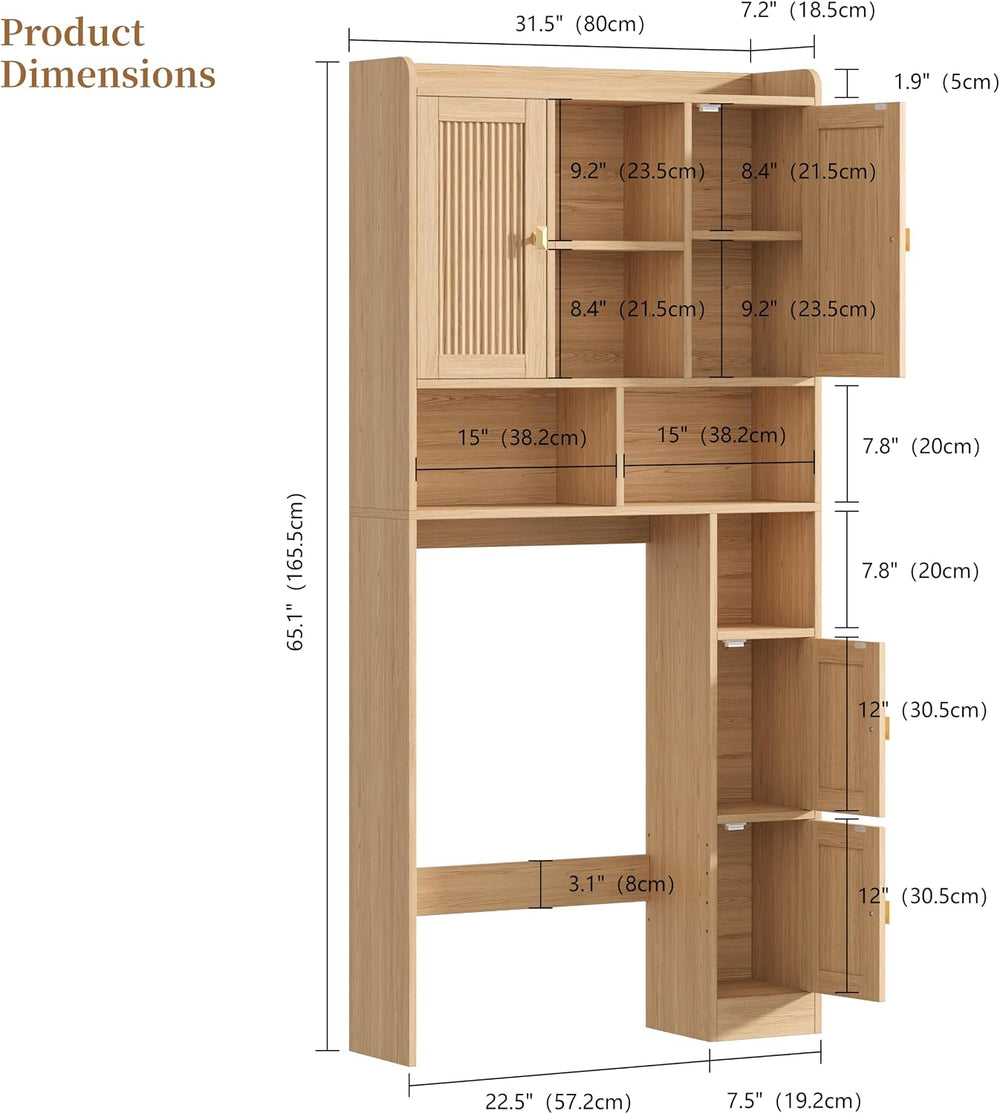 Fluted Over The Toilet Storage Cabinet with 4 Doors, Natural Oak