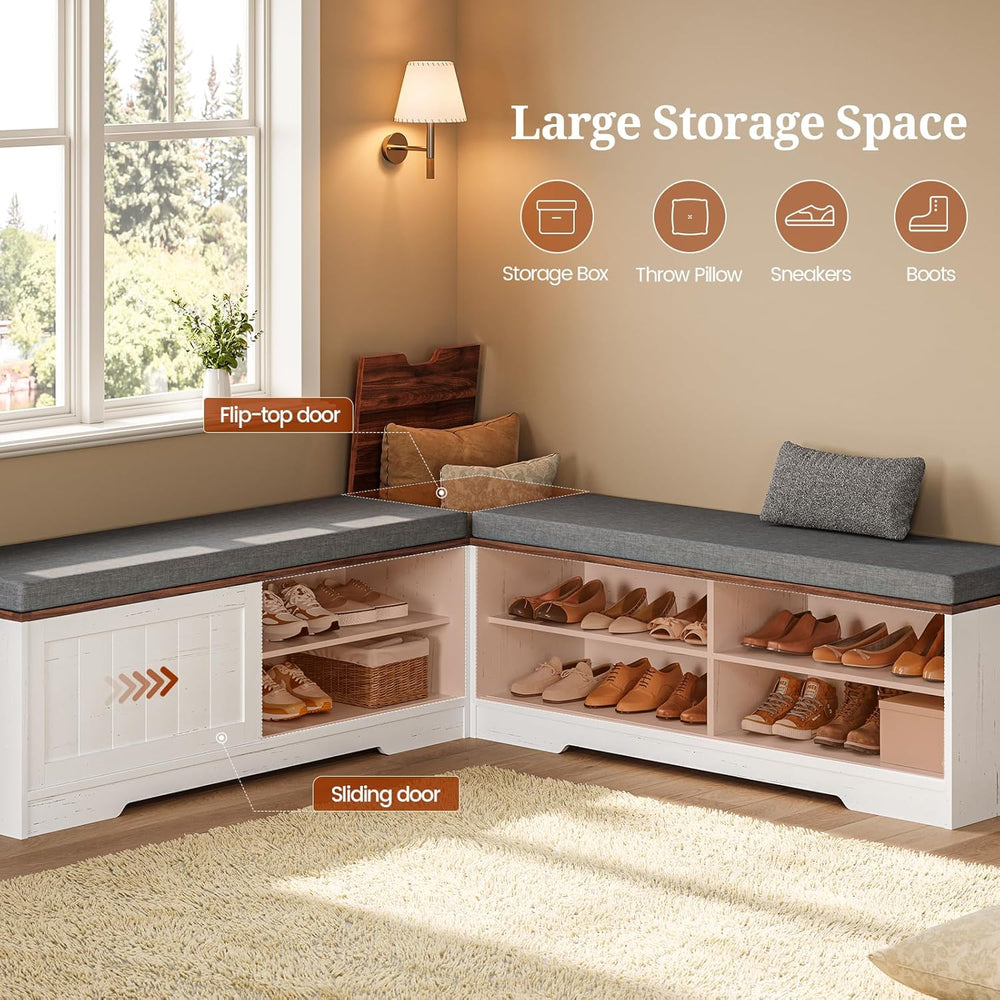 UPOSOJA Farmhouse L Shaped Breakfast Nook Bench, Shoe Storage Bench with Cush...